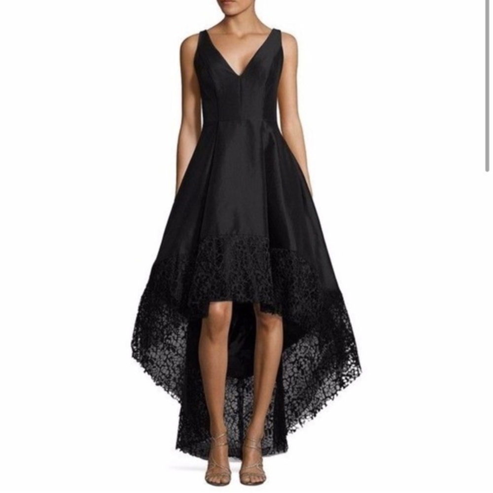 BETSY & ADAM Taffeta high-low ball gown with wide lace hem NWT